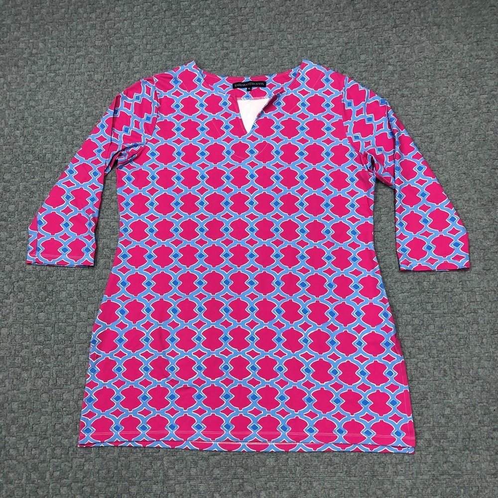 Barbara Erickson Dress Womens XL Pink Blue Geometric 3/4 Sleeve Shift V Neck